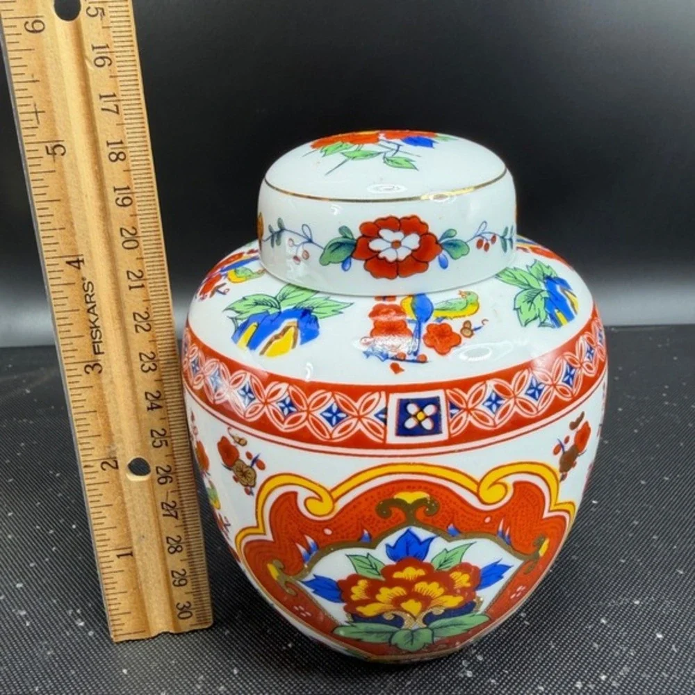 Vintage Porcelain Ginger Jar Floral Bird‎ Chinoiserie Lidded Vase Gilt 5 Inch